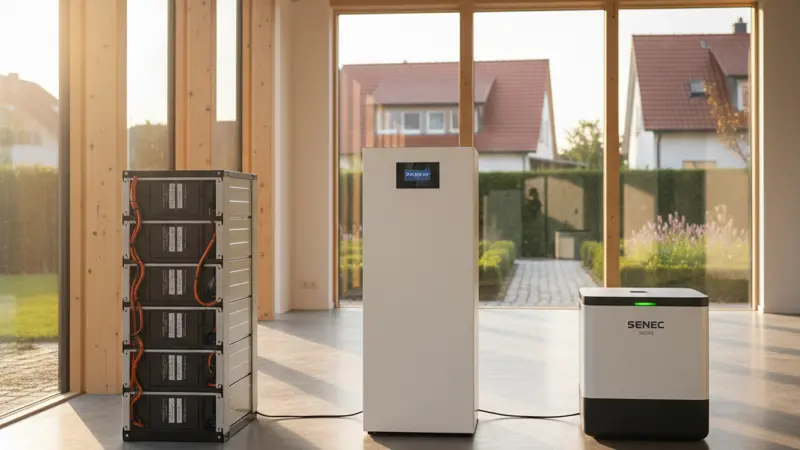 Verschiedene 10-kWh-Batteriespeicher-Modelle von BYD, Sonnen und SENEC nebeneinander