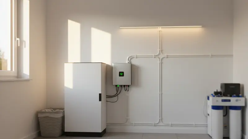 Moderner 10-kWh-Batteriespeicher installiert in einem Hauswirtschaftsraum neben dem Wechselrichter