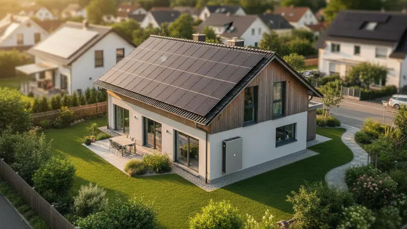 Einfamilienhaus mit Solaranlage und Batteriespeicher in einer deutschen Wohngegend