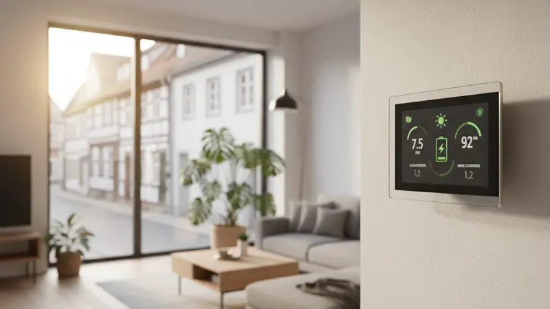 Smart-Home-Display zeigt Solarproduktion und Speicherladung in einem deutschen Wohnzimmer