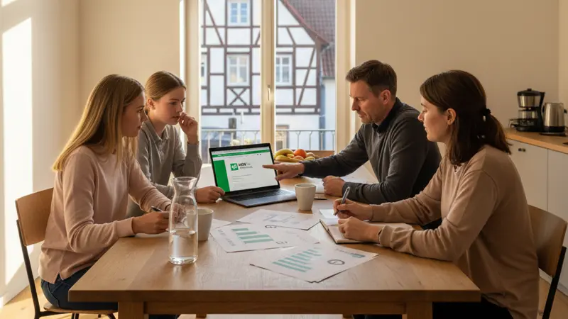Familie prüft Förderunterlagen für Stromspeicher am Küchentisch mit Laptop