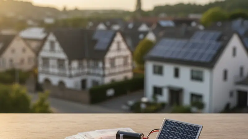 Euro-Banknoten und Münzen neben einem Solarmodul-Modell als Symbol für Speicherförderung