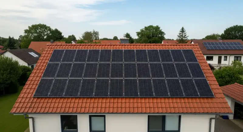 Deutsches Wohnhaus mit rechteckiger Photovoltaikanlage auf einem Ziegeldach