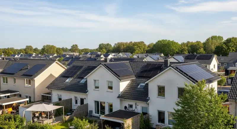 Deutsches Wohnquartier mit mehreren Photovoltaikanlagen auf geneigten Dächern
