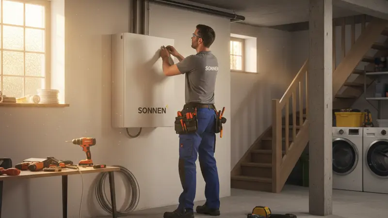 Fachbetrieb installiert einen Stromspeicher an der Wand eines deutschen Kellers