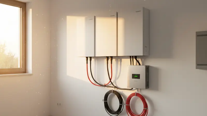 Moderner Lithium-Eisenphosphat-Batteriespeicher im Hauswirtschaftsraum eines deutschen Einfamilienhauses