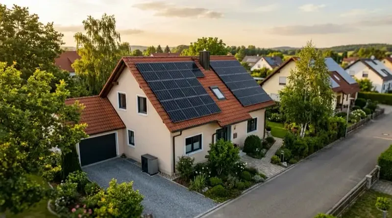 Familienhaus mit Photovoltaikanlage und Garten als Beispiel für typischen Speicherbedarf
