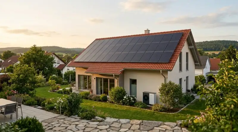 Großes deutsches Wohnhausdach mit vielen Photovoltaikmodulen für Speicherleistungsplanung