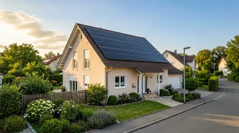Einfamilienhaus mit Photovoltaikdach in Wohnstraße als Kontext für vorsichtige Speicher-Wirtschaftlichkeit