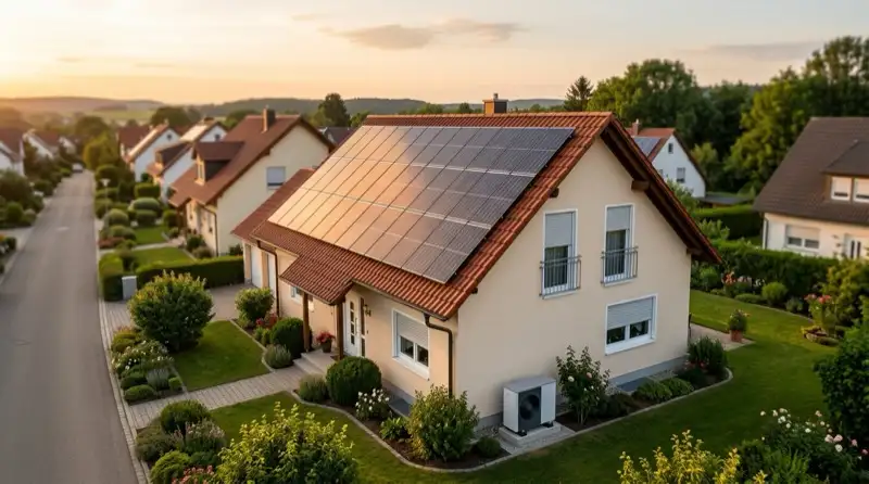 Photovoltaikmodule auf einem deutschen Satteldach mit gepflegter Wohnhausfassade
