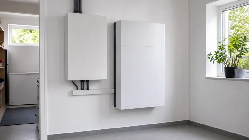 Stromspeicher und Solar-Wechselrichter im sauberen Hauswirtschaftsraum
