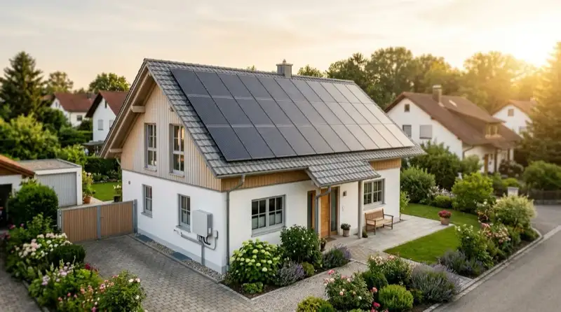 Deutsches Wohnhaus mit vollständig und gleichmäßig belegtem Photovoltaikdach