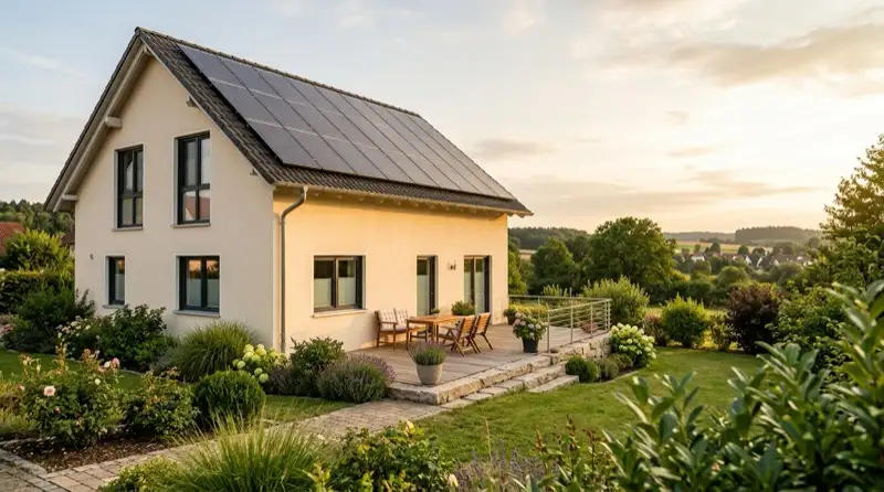 Deutsches Einfamilienhaus mit großflächig belegtem Photovoltaikdach