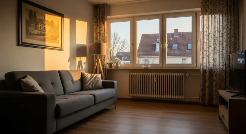 Klassische Heizkörper im Wohnzimmer eines deutschen Einfamilienhauses, sichtbarer Vorlaufthermostat