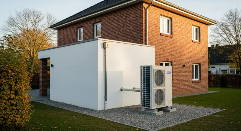Wärmepumpen-Außengerät an einem deutschen Altbau-Einfamilienhaus mit Heizkörpern