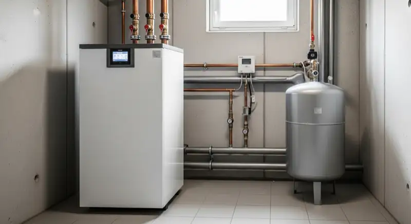 Wärmepumpen-Innengerät mit Pufferspeicher in einem deutschen Heizraum, sichtbare Steuerung