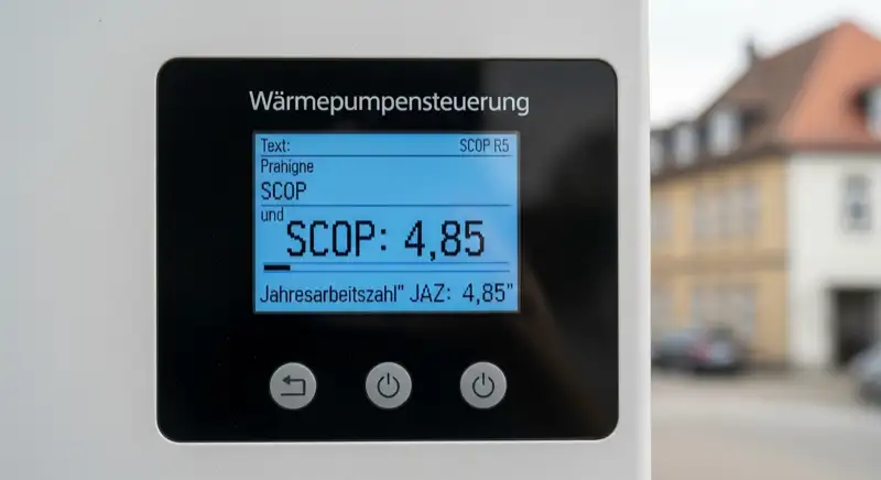 Display einer Wärmepumpensteuerung mit Anzeige der aktuellen Jahresarbeitszahl