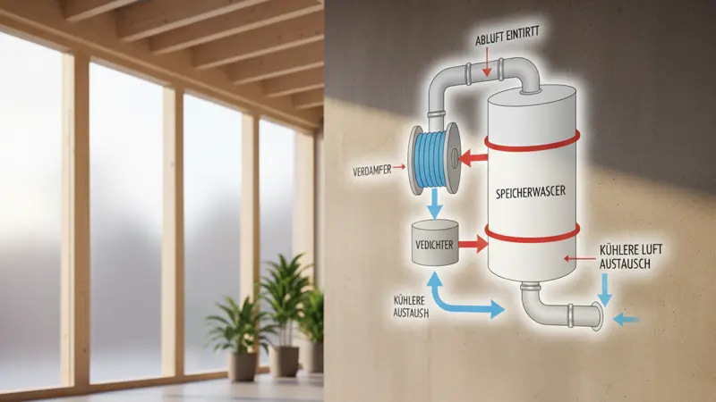 Schematische Darstellung des Funktionsprinzips einer Abluft-Wärmepumpe mit Kältemittelkreislauf