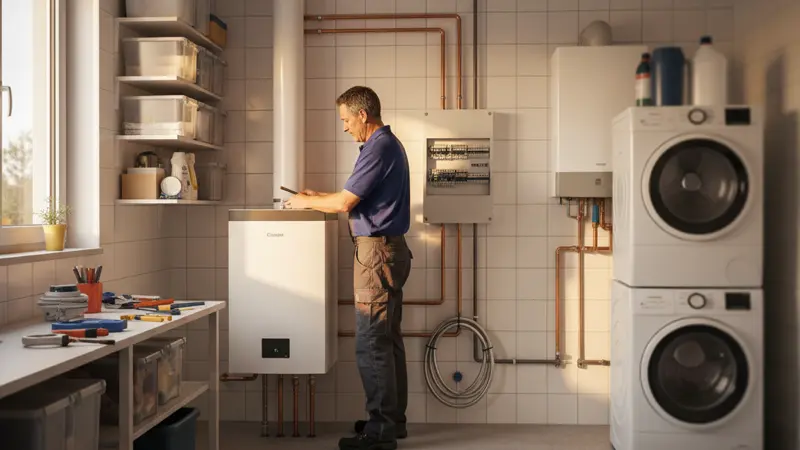 Fachhandwerker installiert eine Abluft-Wärmepumpe in einem Hauswirtschaftsraum