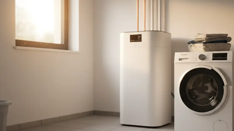 Abluft-Wärmepumpe im Keller eines Einfamilienhauses neben der Waschmaschine