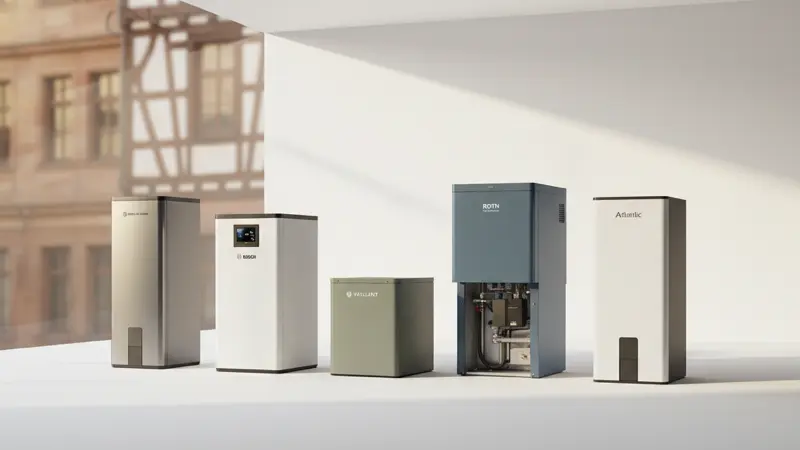 Verschiedene Abluft-Wärmepumpen-Modelle nebeneinander im Vergleich