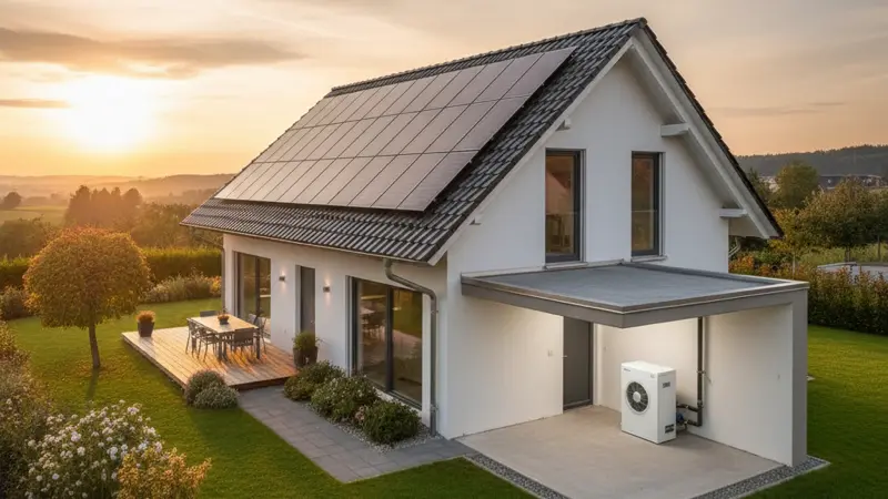 Einfamilienhaus mit Solaranlage auf dem Dach und Abluft-Wärmepumpe im Keller