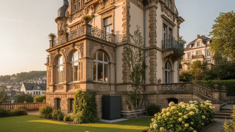 Sanierter deutscher Gründerzeit-Altbau mit Wärmepumpe im Seitenhof