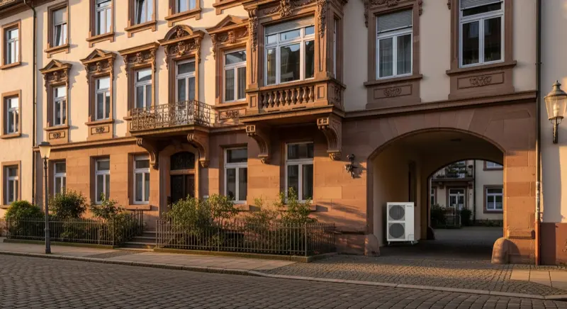 Unbeschriftete Luft-Wasser-Wärmepumpe neben einem sanierten deutschen Altbau