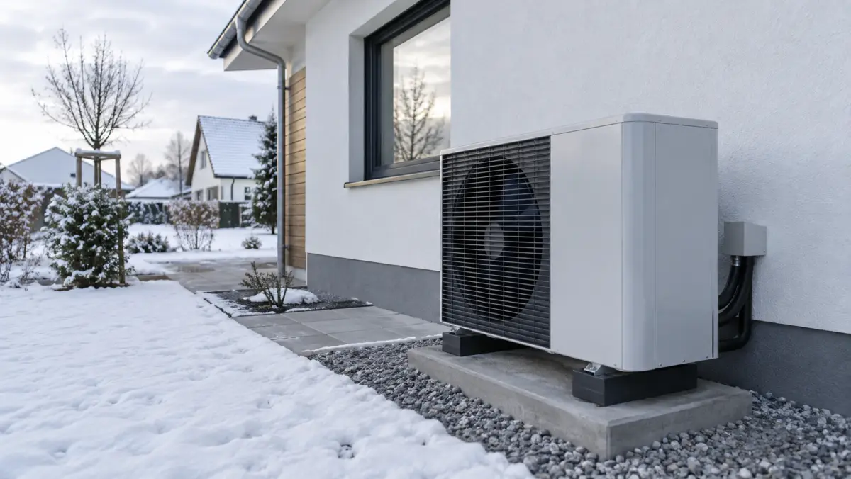 Wärmepumpe mit freier Luftführung an einem deutschen Wohnhaus