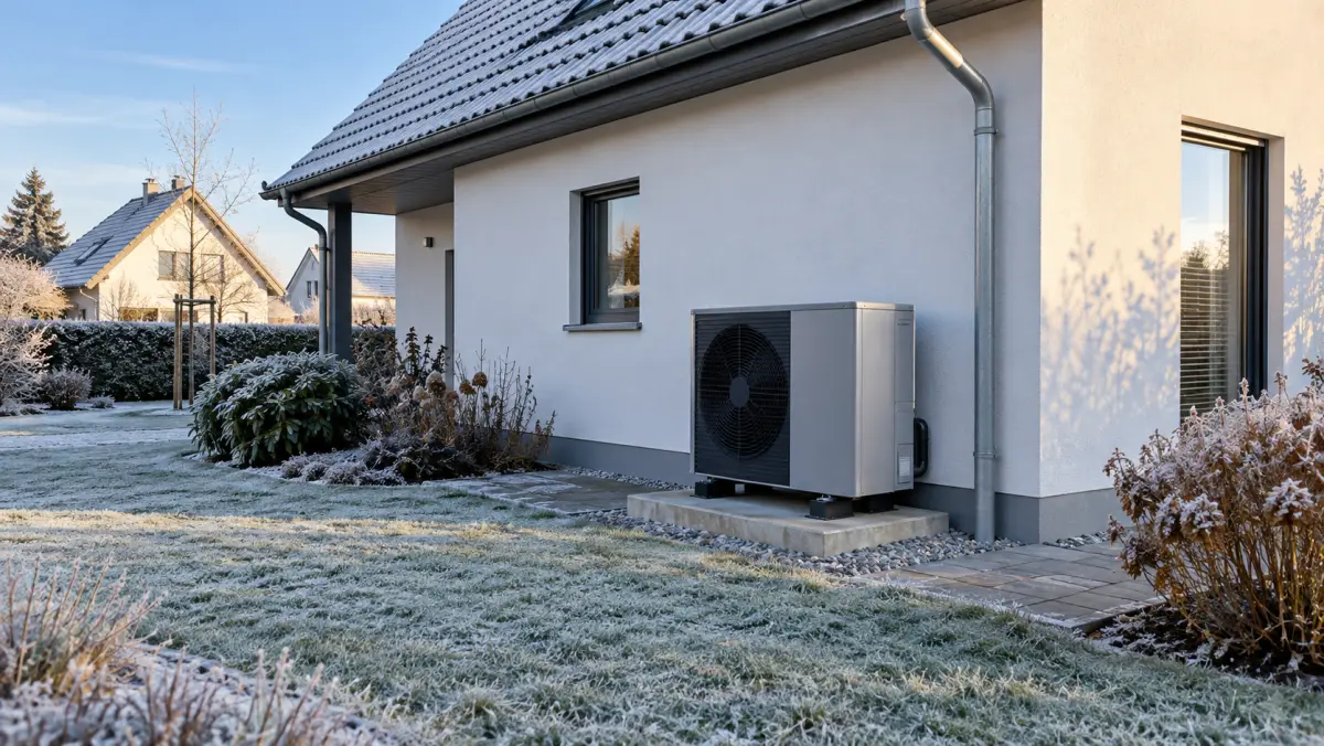 Luft-Wasser-Wärmepumpe an einem deutschen Einfamilienhaus an einem frostigen Wintermorgen