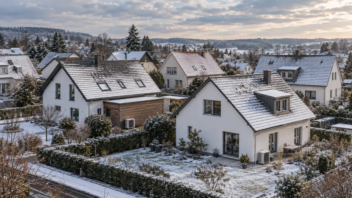 Wärmepumpe an einem energieeffizienten deutschen Wohnhaus im Winter