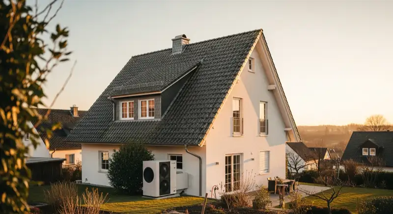 Luft-Wasser-Wärmepumpe im Garten neben einem deutschen Einfamilienhaus