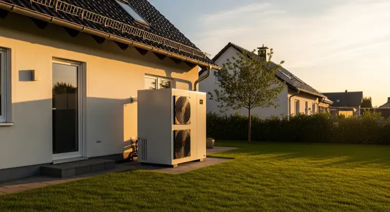 Außeneinheit einer Luft-Wasser-Wärmepumpe neben einem Einfamilienhaus
