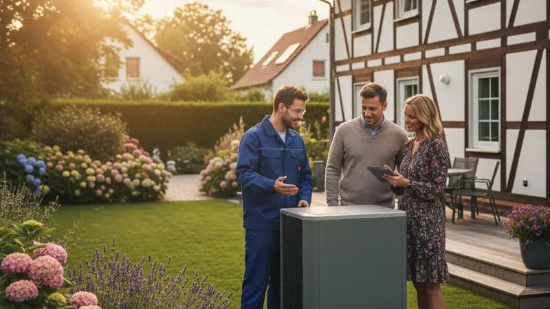 Heizungsfachmann beratet Hauseigentuemer vor einem Buderus Logatherm Außengerät im Garten