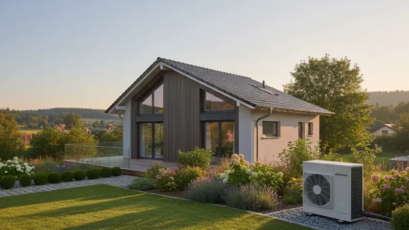 Buderus Logatherm Wärmepumpe Außengerät vor einem modernen Einfamilienhaus mit Garten