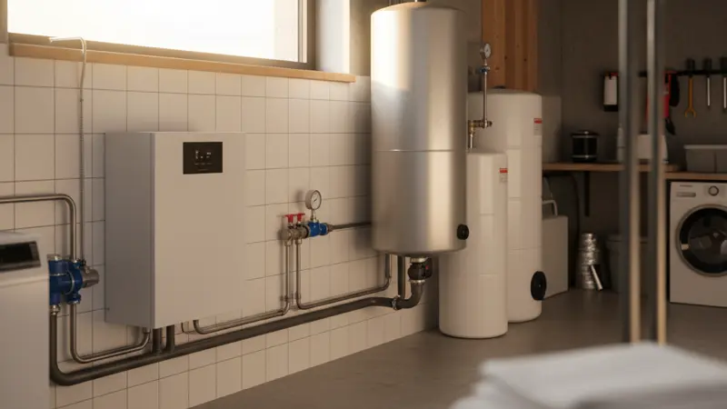 Installierte Buderus Logatherm Inneneinheit mit Pufferspeicher und Warmwasserspeicher im Heizungskeller