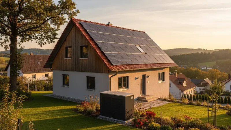 Einfamilienhaus mit Solaranlage auf dem Dach und Buderus Wärmepumpe im Garten bei Sonnenschein