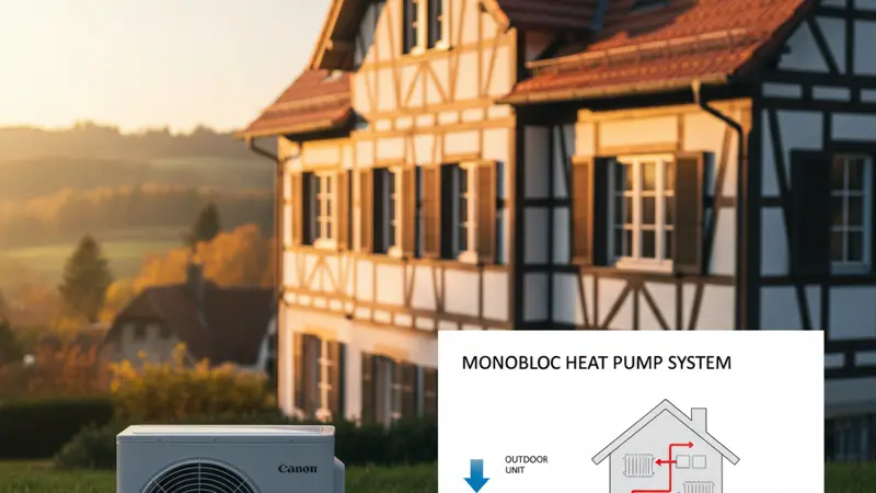 Schematische Darstellung einer Buderus WLB Monobloc Wärmepumpe mit Außengerät und Verbindung zum Haus