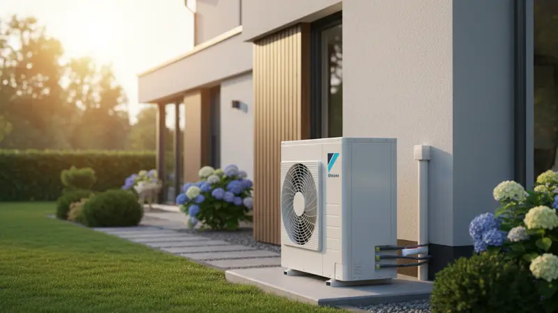Daikin Altherma 3 Außeneinheit vor einem modernen Einfamilienhaus mit Garten
