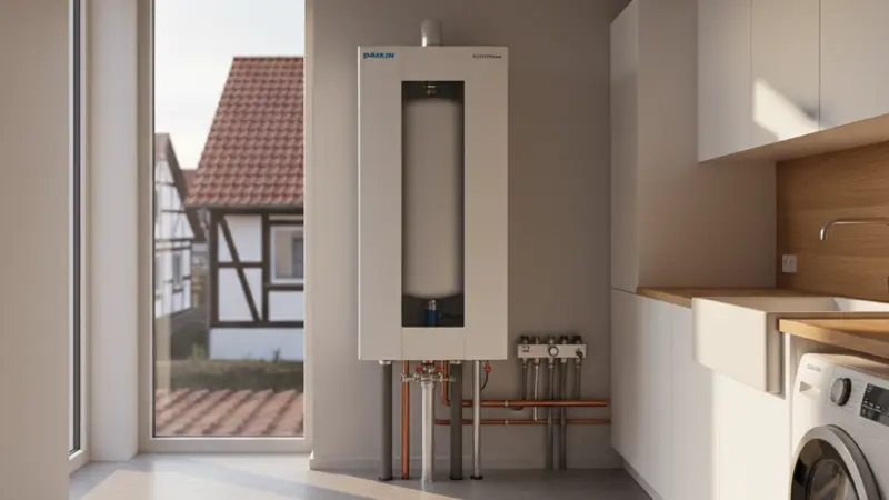 Daikin Altherma 3 Inneneinheit mit integriertem Warmwasserspeicher in einem Hauswirtschaftsraum