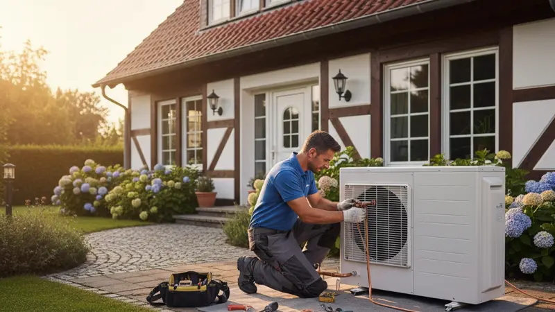 Fachbetrieb installiert eine Daikin Altherma Wärmepumpe an einem Einfamilienhaus