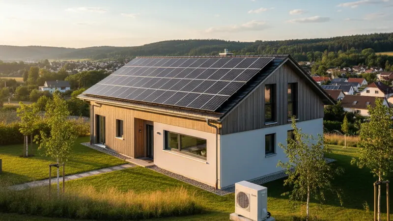 Einfamilienhaus mit Solaranlage auf dem Dach und Daikin Wärmepumpe im Garten
