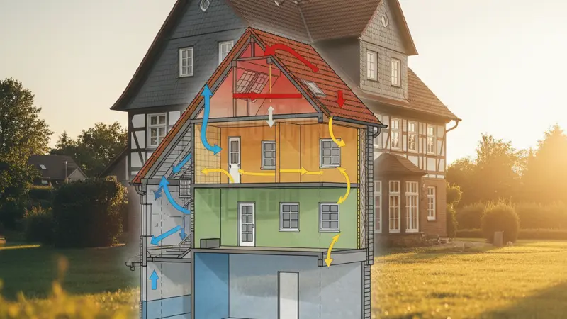 Schema einer Heizlastberechnung mit Gebaeudequerschnitt und Wärmeströmen