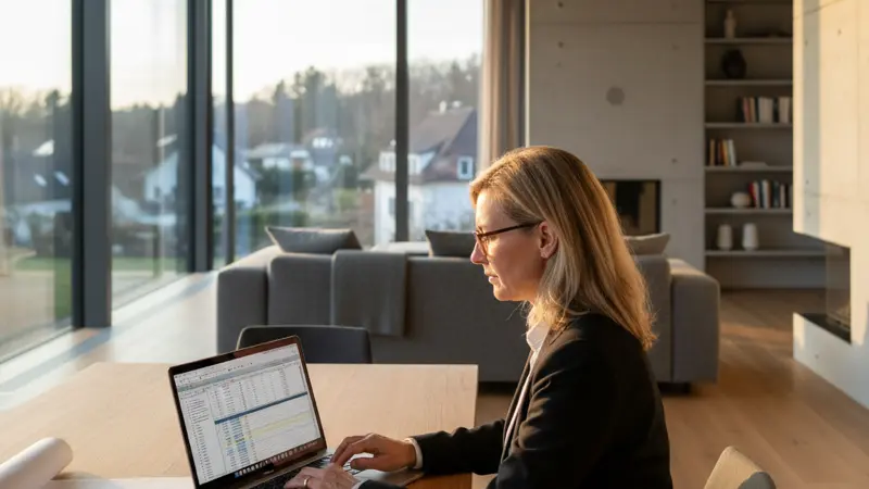 Energieberater mit Laptop bei der Heizlastberechnung in einem Einfamilienhaus