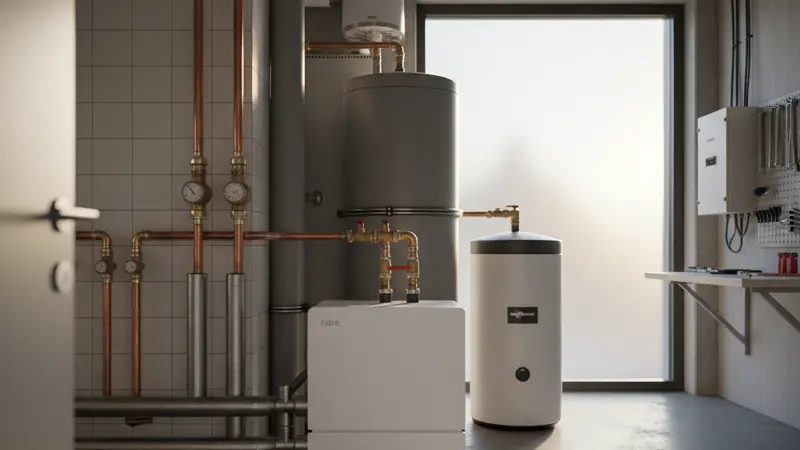 Schematische Darstellung eines Heizungssystems mit Wärmepumpe, Pufferspeicher und Fussbodenheizung