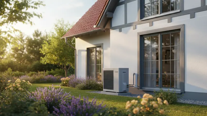 Luft-Wasser-Wärmepumpe neben einem modernen Einfamilienhaus mit Garten