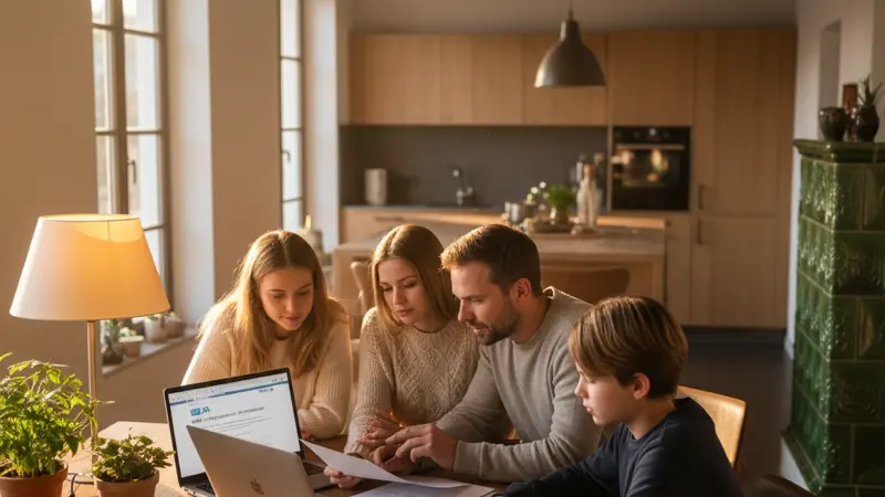 Familie prüft BAFA-Förderantrag für Wärmepumpe