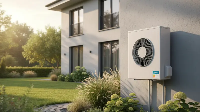 Moderne Wärmepumpe an einem Einfamilienhaus mit EU-Energielabel A+++