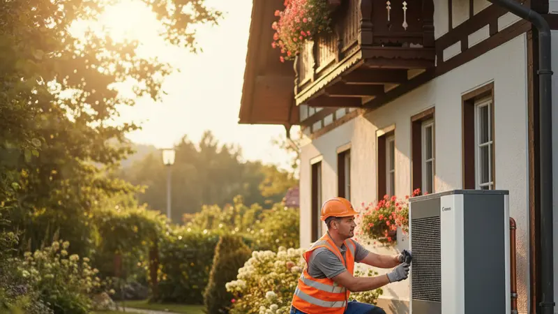 Fachinstallateur verbindet eine Wärmepumpe mit dem Heizungssystem