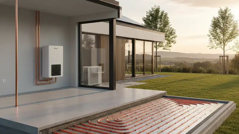 Moderner Neubau mit Fußbodenheizung und Wärmepumpe